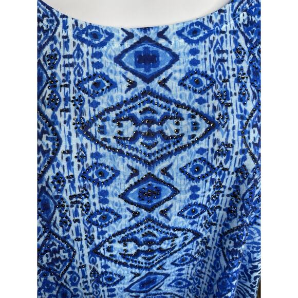 Chico's Women's Blue Ikat Boho Top Size 2 Large Festival Embellished Art To Wear - Picture 3 of 9